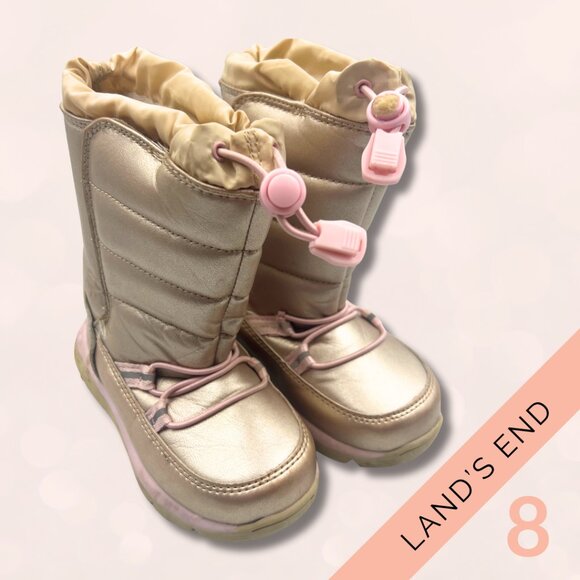 Land’s End Girls’ Snow Boots Size: 8– Metallic Champagne Pink Winter Boots - Picture 2 of 4